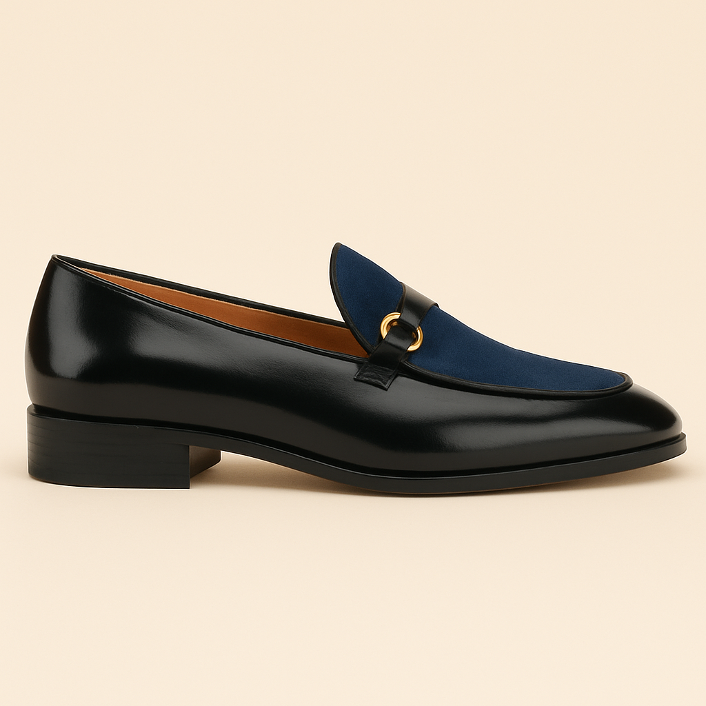 Men's Navy Polished Leather Belgian Loafers