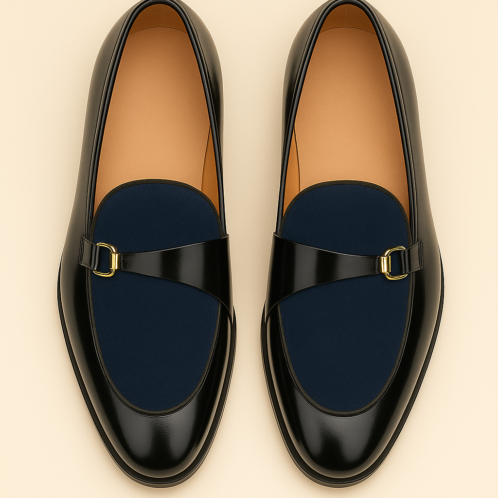 Men's Navy Polished Leather Belgian Loafers