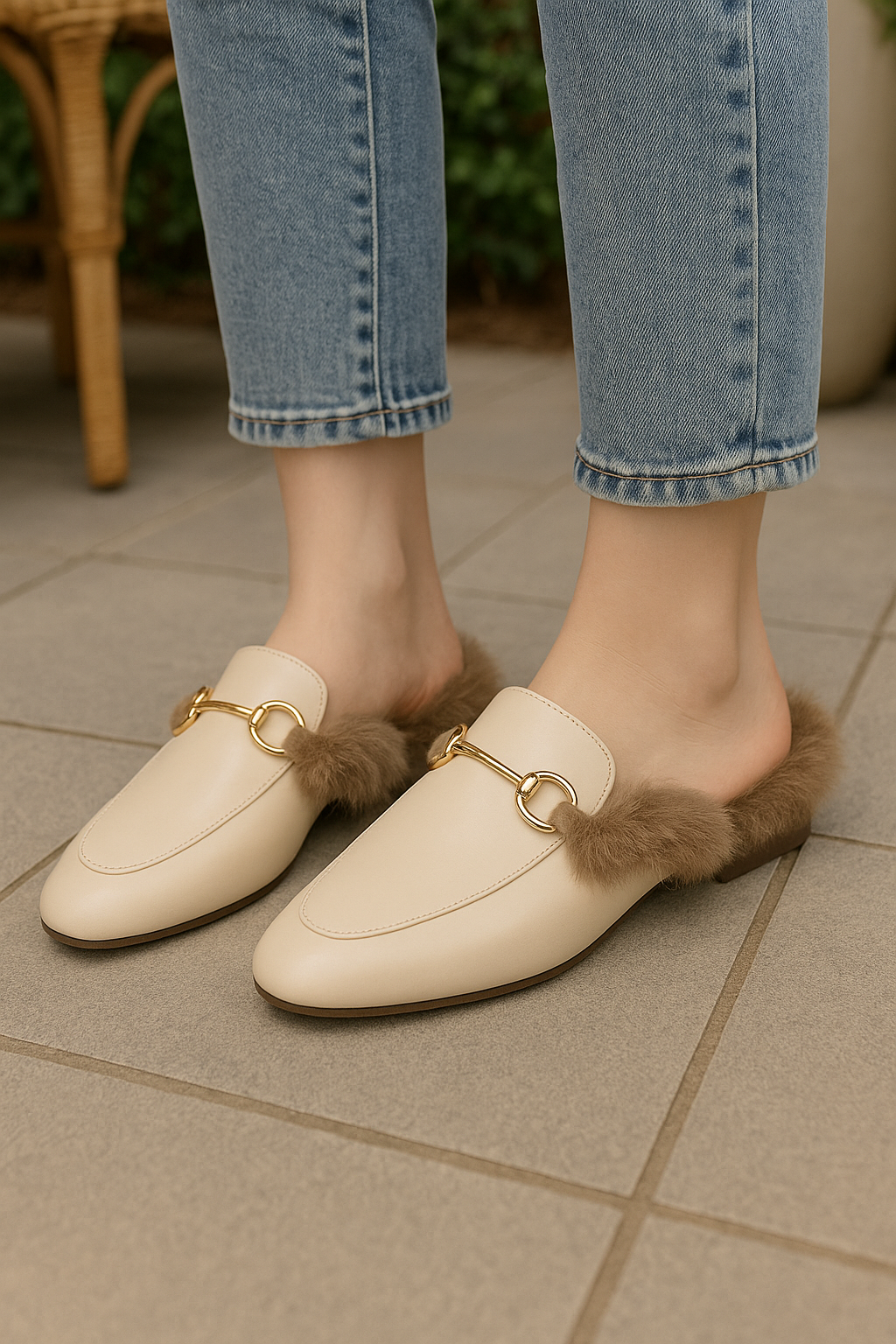 Women's Beige Fur European Style Mules